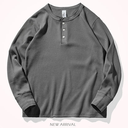 Autumn And Winter New American Heavyweight Retro Men's Waffle Long-sleeved T-shirt Loose Fashion Henley Collar Bottoming-shirt