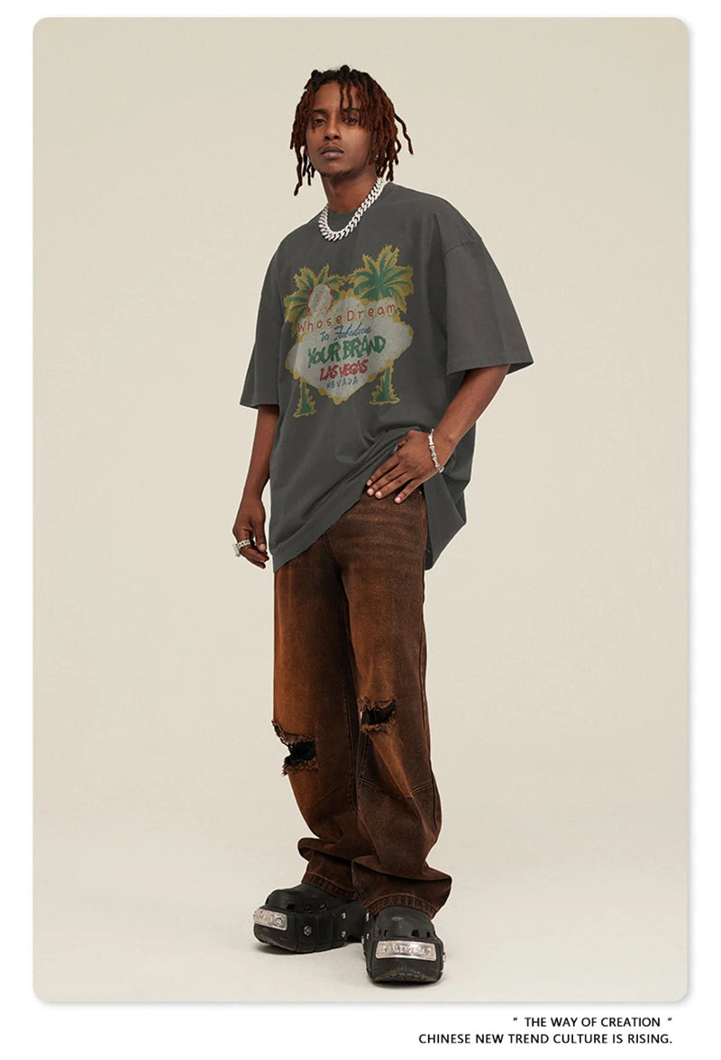 ZODF New Men High Street Washed T-Shirts Unisex Loose Tree Printing 285gsm Cotton O Neck T Shirt For Summer HY0512