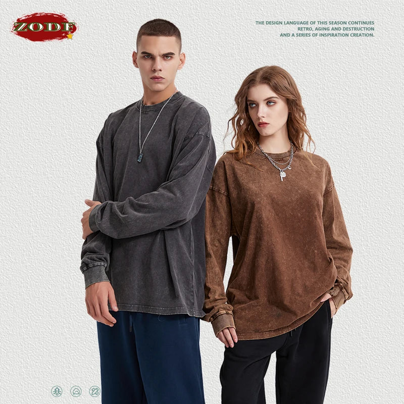 ZODF Retro Men Long Sleeve Washed Cotton T Shirt Unisex Loose 250gsm Basic Atumn TEES Tops Brand Streetwears HY0394