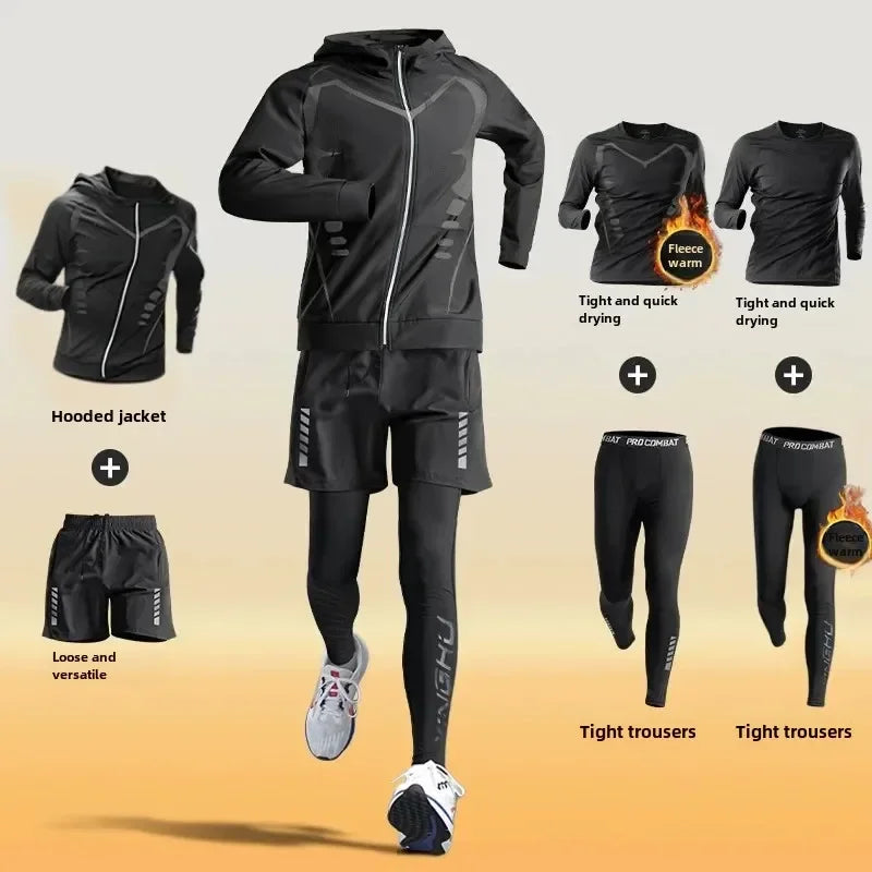 Men’s Winter Fleece-Lined Quick-Dry Warm-Up Sports Set for Running Cycling Fitness Training - sci-fi 6-pcs / XXXL