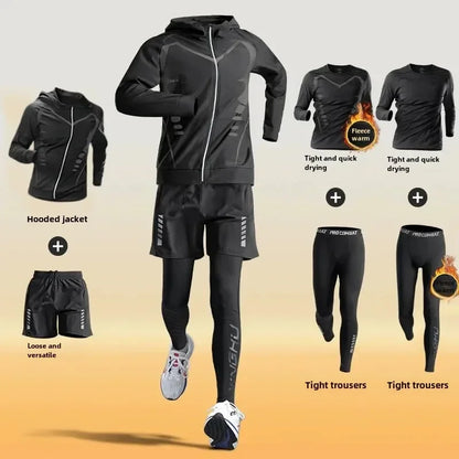Men’s Winter Fleece-Lined Quick-Dry Warm-Up Sports Set for Running Cycling Fitness Training - sci-fi 6-pcs / XXXL