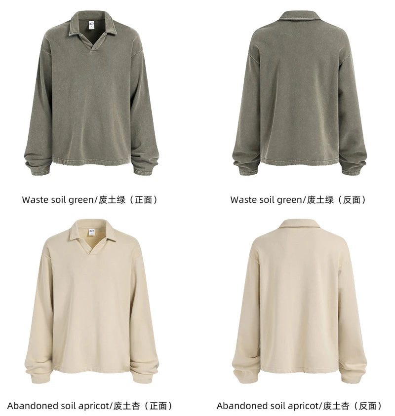 ZODF Retro Heavy Weight 400gsm Washed Cotton T-Shirts For Man Unisex Full Sleeve Turn Down Collar T Shirt Brand Tops HY1087