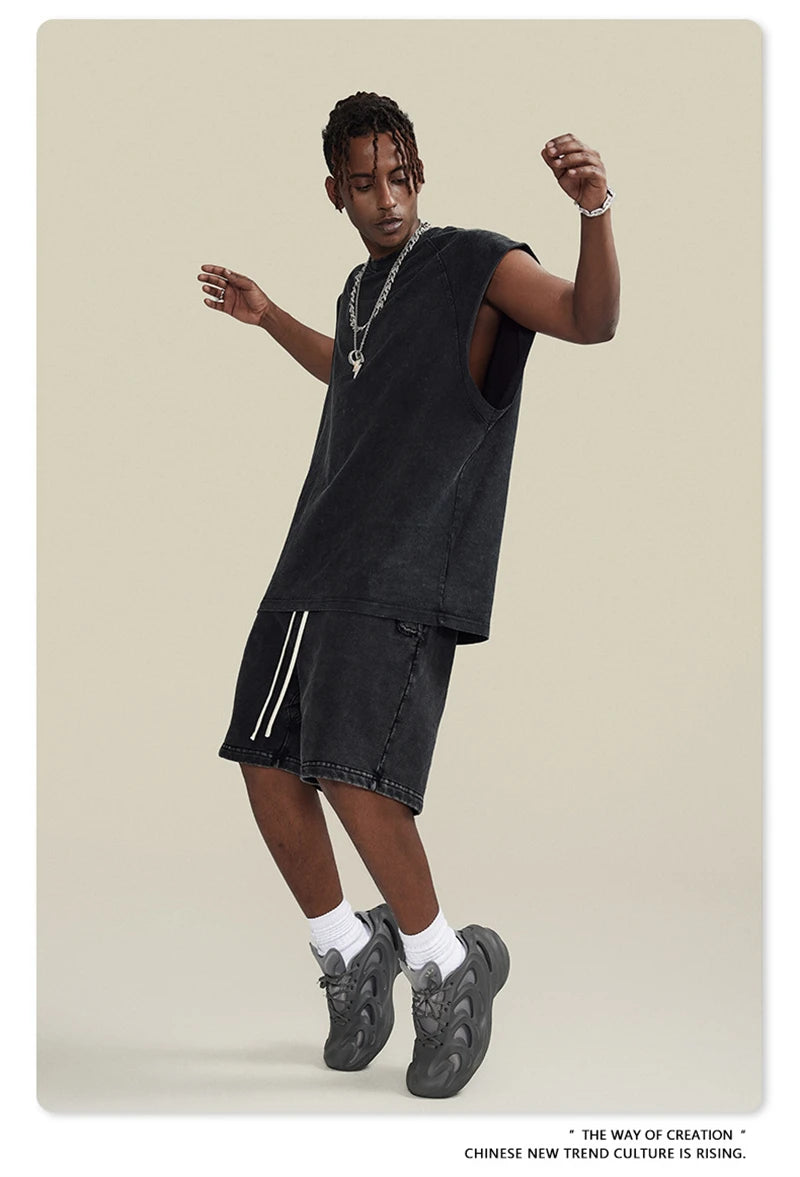 ZODF American Retro Men Washed Solid Tank Tops Women Unisex Loose Edge 275gsm Cotton Sleeveless Tees Brand Streetwears HY0503