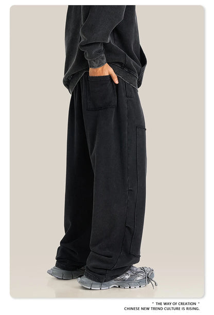 ZODF Fashion 2024 Winter Patches Fleece Straight Pants Retro Unisex Loose Washed 305gsm Warm Soft Trousers Brand Bottoms HY0872