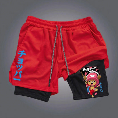 One Piece Chopper Anime Gym Shorts Men New Summer Japanese Cartoon Print Beach Pants Streetwear Double-layer 2-in-1 Sports Pants