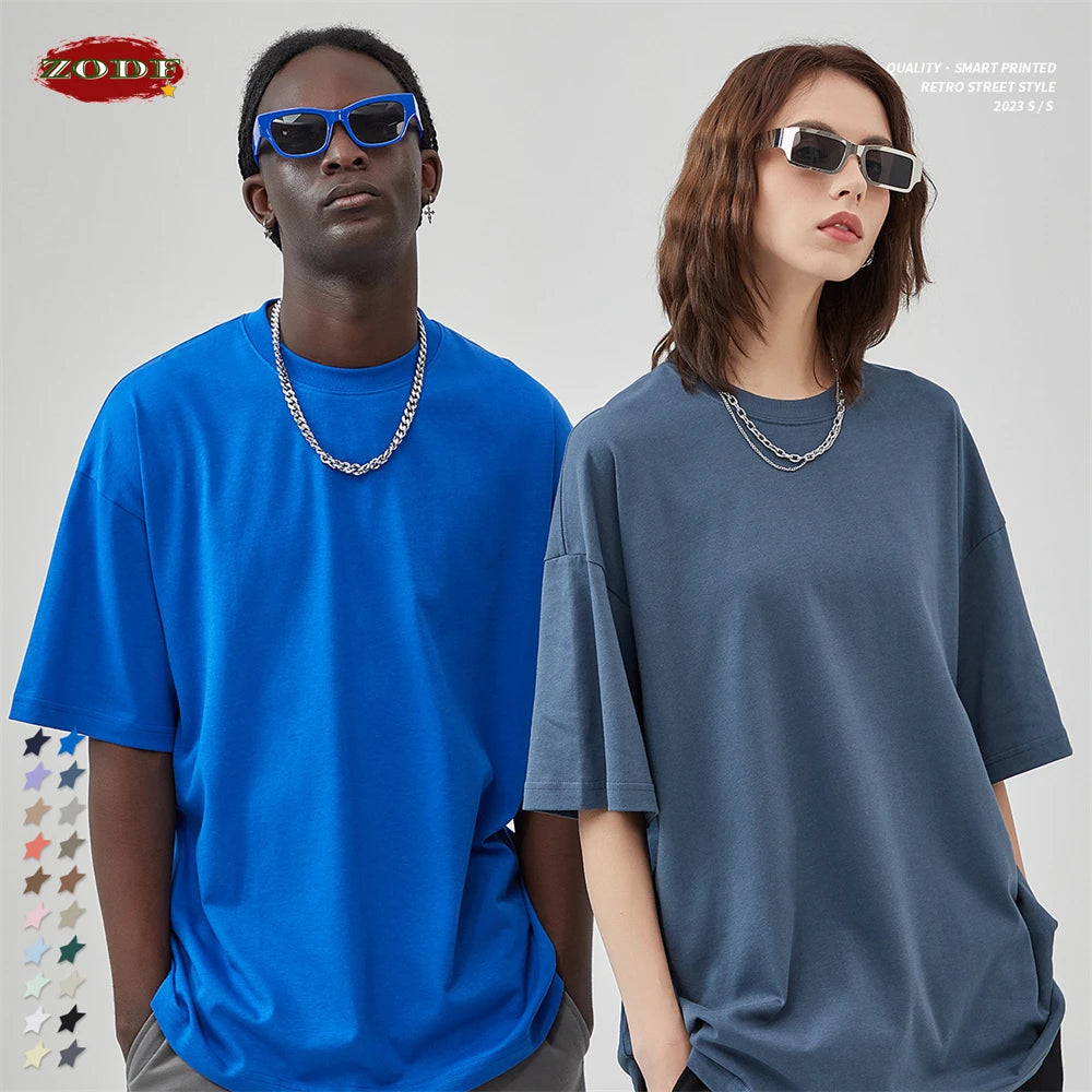 ZODF 2025 Spring Summer Men Solid 100% Cotton T-Shirts Unisex Women Loose 230gsm Noshrink Basic T Shirt Brand Tops HY0151