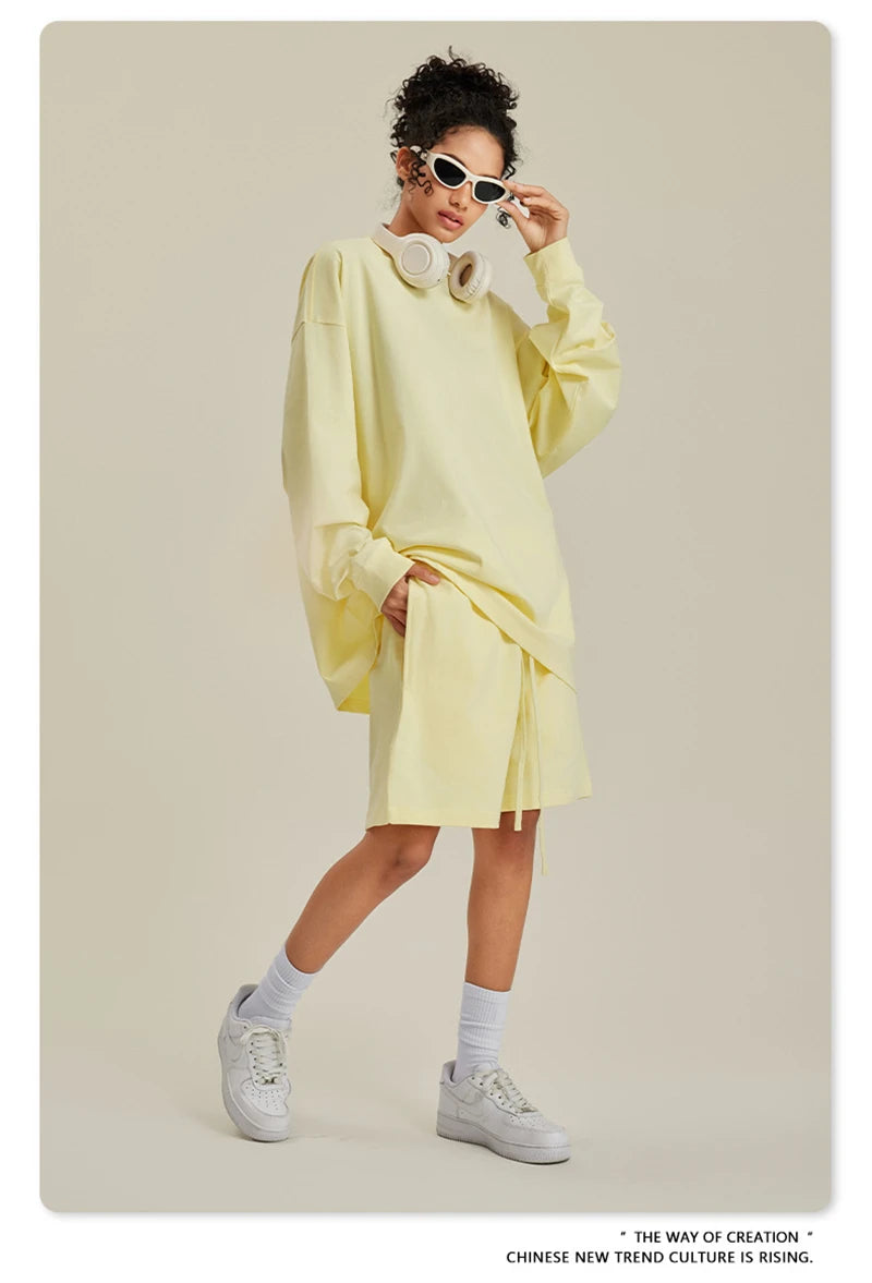 ZODF NEW Autumn Men's Solid Full Sleeve T Shirts Unisex Loose Oversized Casual 305GSM Cotton Basic T-Shirt Brand TEE HY0209