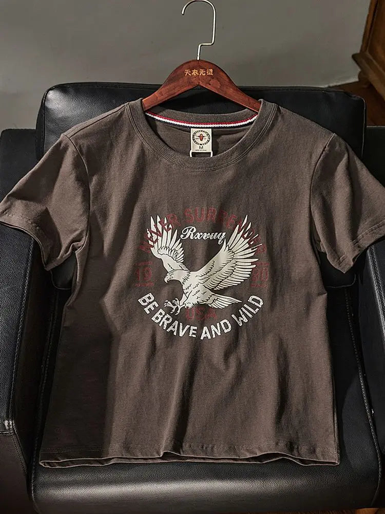 Summer New American Retro Short-sleeved O-neck Eagle Printed T-shirt Men's Fashion Simple 100% Cotton Washed Casual Sport Tops