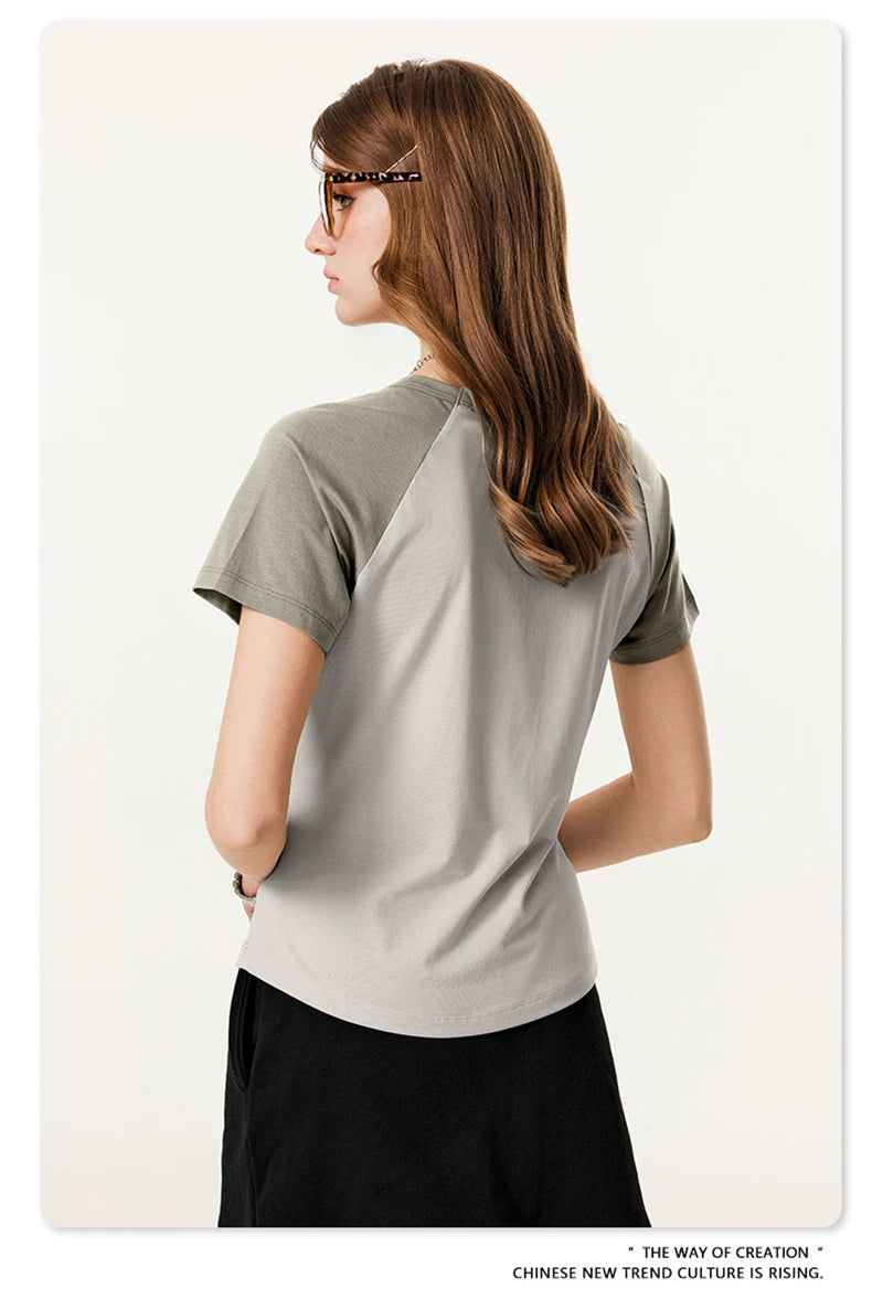 ZODF Hotsweet Summer Women Raglan Sleeve T-Shirts Girls Slim Fit 150gsm Casual Patchwork O Neck T Shirt Brand Tees HY1021