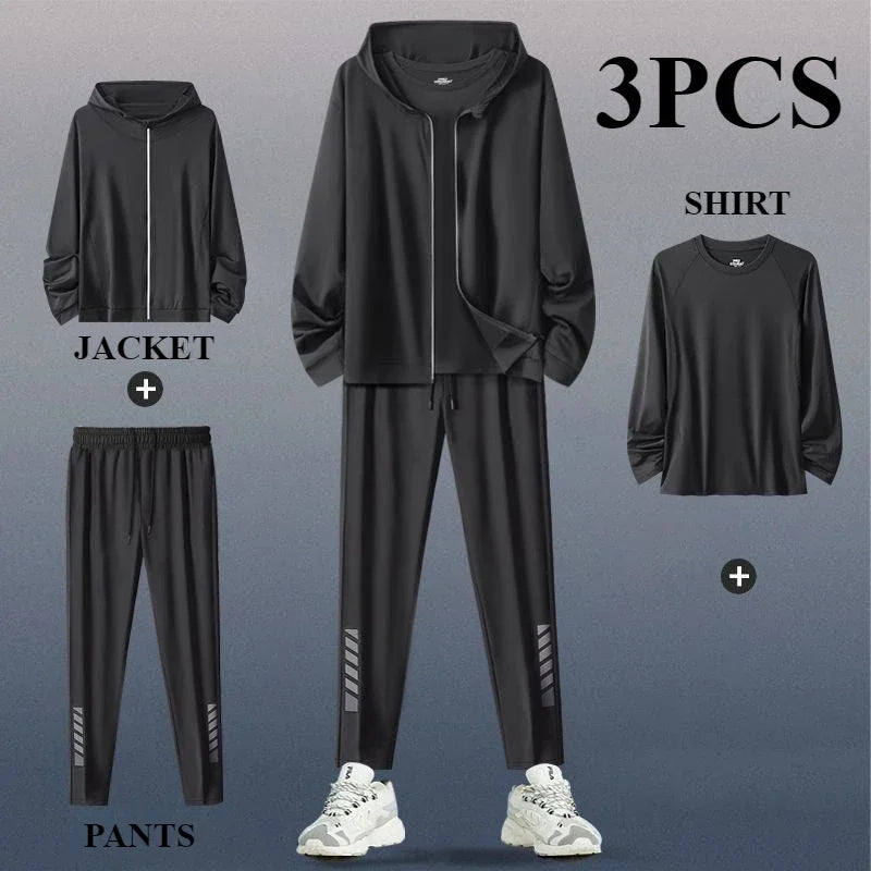 The Codex Men’s Sports Suit 2-3 Pcs Running Training Set Quick-Drying Fitness Jacket & Clothes Spring - Black 3 PCS