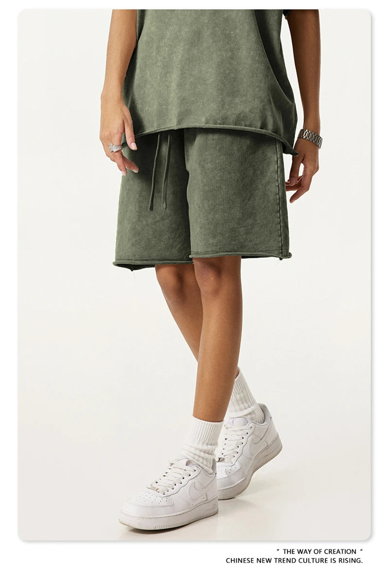 ZODF New 2025 Men Summer Loose Edge Washed Cotton Shorts Unisex Retro High Street Distressed 330gsm Shorts Brand Clothes HY1056