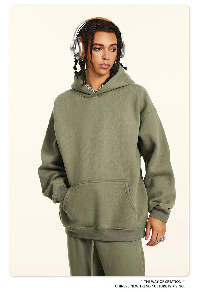 ZODF New 2024 Autumn Winter Men 345gsm Fleece Hoodies Unisex Women Relax Fit Warm Solid Hooded Pullovers Sweatshirts HY0863