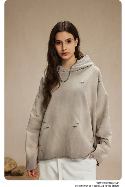 ZODF New Autumn Winter Men Monkey Washed Hoodies Unisex Disstressed Ripped Heavyweight Knitted 450gsm Hooded Pullovers HY0909