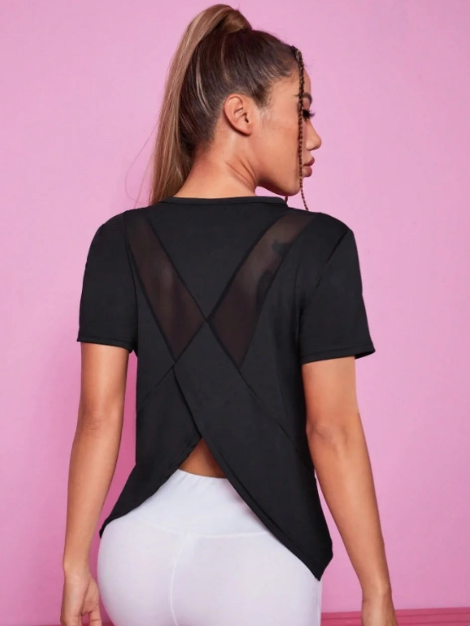 Women’s Summer Yoga T-Shirt Short Sleeve Breathable Quick Dry Mesh Back Fitness Top Loose Fit - Black / L
