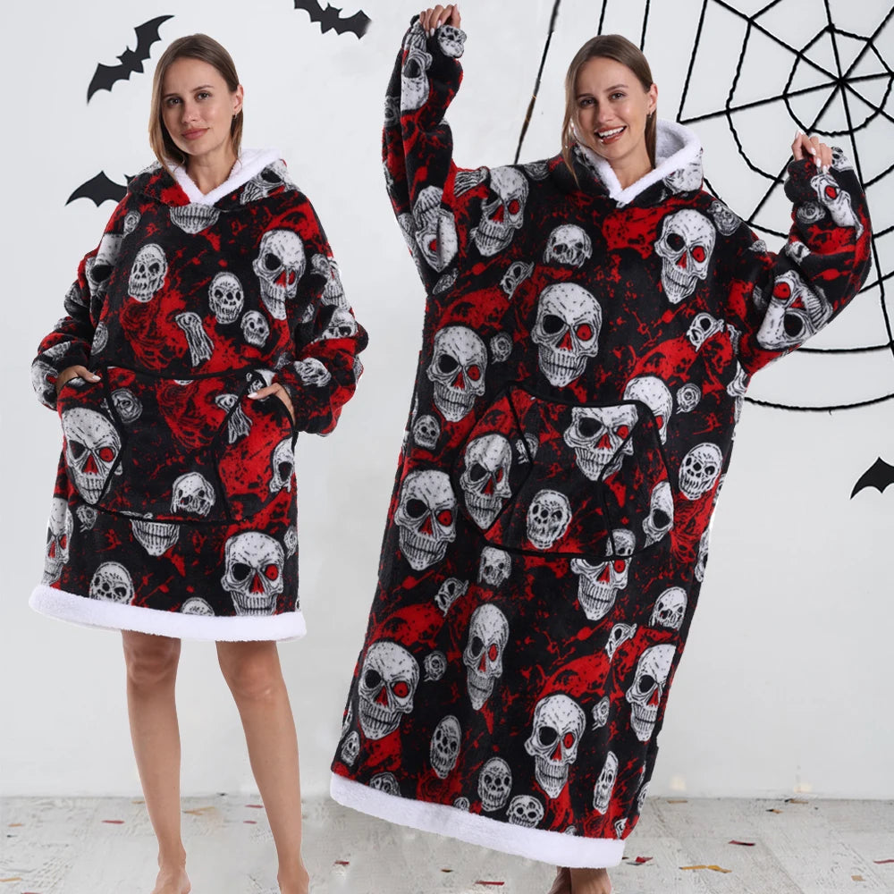 Short/Long Hoodie Blanket for Adults Winter Soft Thicken Warm Wearable Blanket Hoodie with Sleeves Halloween Pajamas for Couples