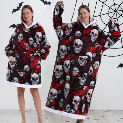 Short/Long Hoodie Blanket for Adults Winter Soft Thicken Warm Wearable Blanket Hoodie with Sleeves Halloween Pajamas for Couples