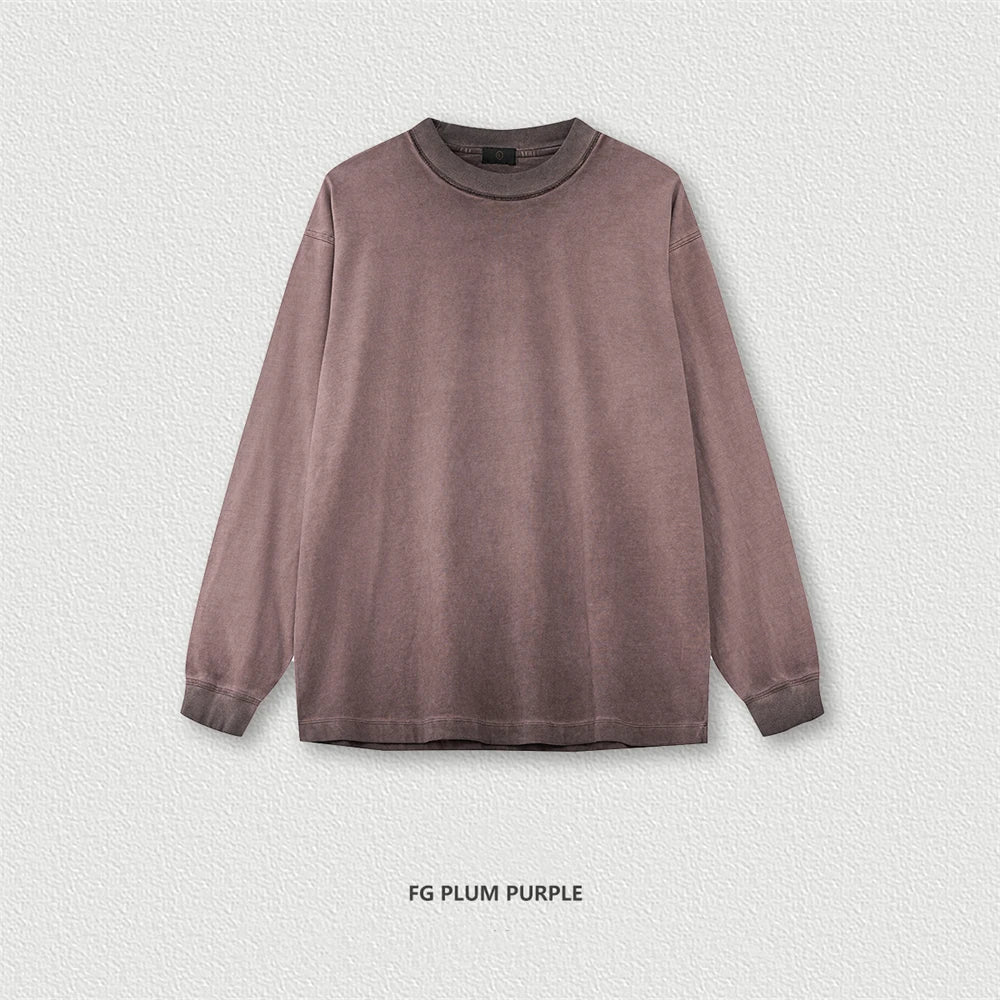 ZODF 2024 Autumn Men’s Oversized Washed Cotton Long Sleeve O-Neck T-Shirt 250gsm HY0921 - Plum Purple / XXL / China