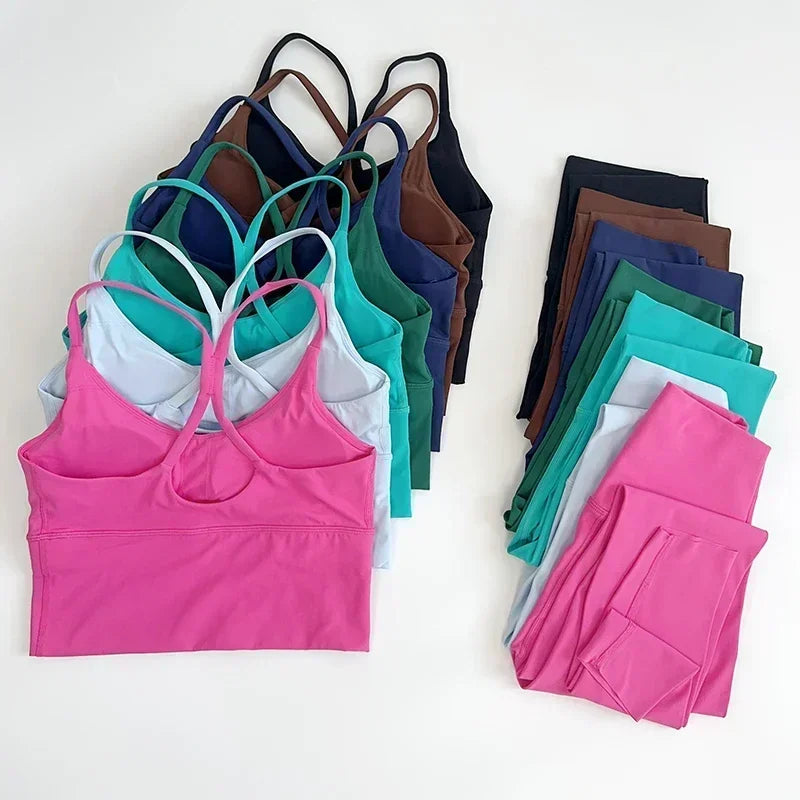 2 Piece Yoga Set Sportswear Fitness Suit with Sexy Cross Back Top and High Waist Elastic Leggings for Running Workout