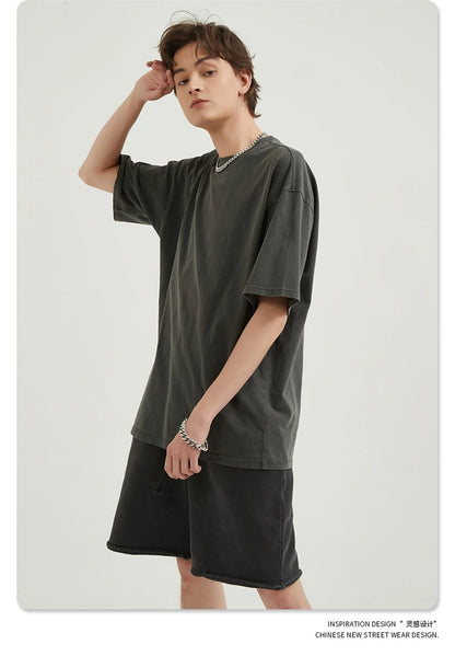 ZODF Men 2024 Retro Summer Washed Solid Cotton T-Shirts Unisex Retro Loose High Street 250gsm Basic Tees Streerwears HY0075