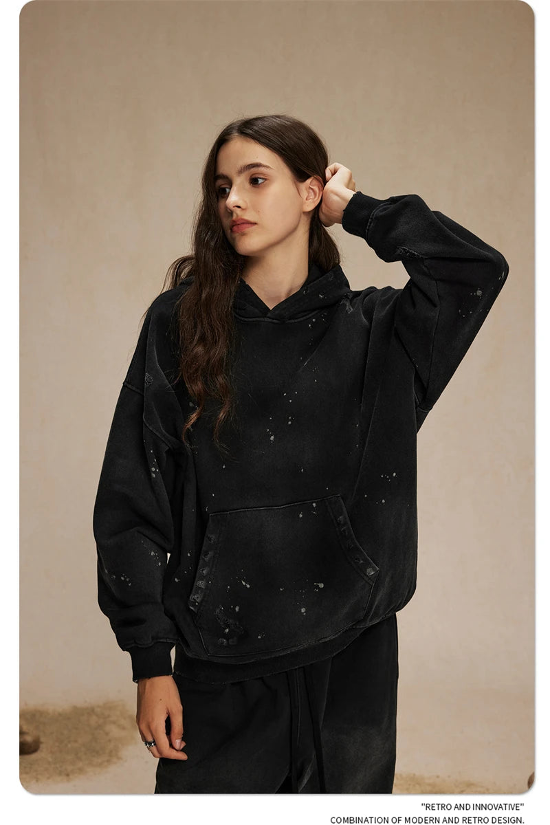 ZODF Autumn Winter Spray Dyeing Ink Splashing Hoodies For Men Unisex 450gsm Washed Oversized Knitted Hooded Pullovers HY0908