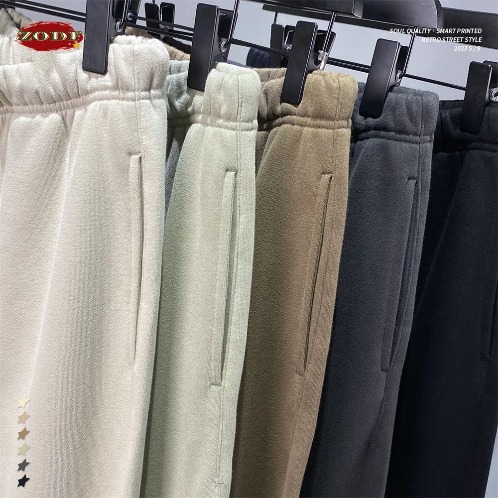 ZODF Fashion 2024 Men Loose Straight Pants Unisex 365gsm Retro Comfortable Sport Solid Drawstring Trousers HY0588