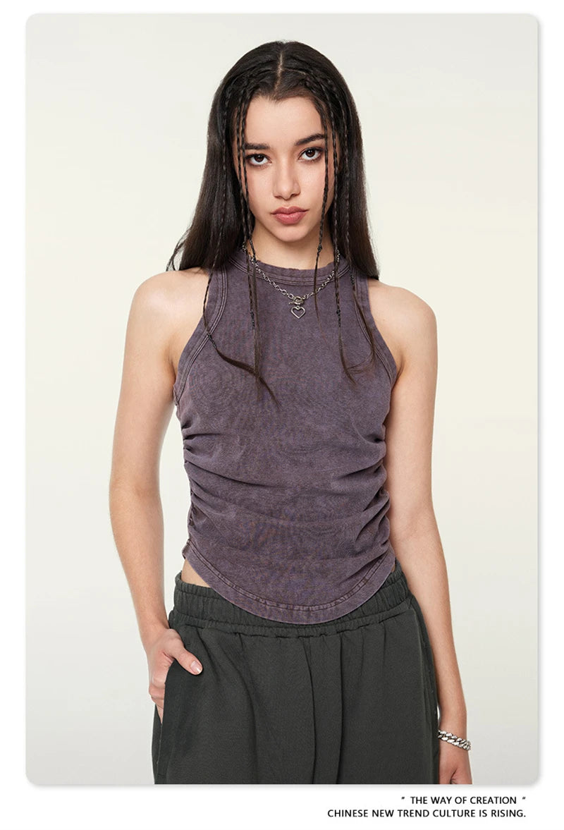 ZODF Women 2024 Summer Washed Tank Tops Female Hotsweet Girls 235gsm Slim Pleated Arc Hem Camisole TEE Streetwears HY0795
