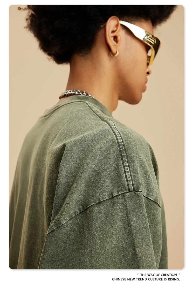 ZODF Retro 2025 Men Autumn Batik Washed T Shirt Unisex Oversized Basic Long Sleeve Solid 270gsm Cotton T-Shirts Tees HY0641