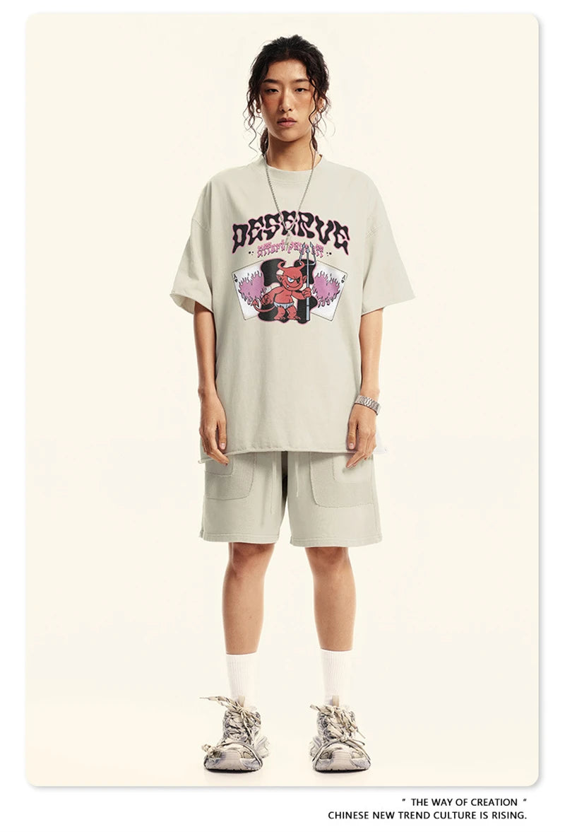 ZODF America Retro Summer 100% Cotton T-Shirts For Men Unisex Washed 310gsm Comfortable High Street Printing T Shirt Tops HY0862