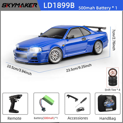 Skymaker LDRC 1/18 RC Drift Car LD1899 GTR Mode R34 2.4GHz RWD with Gyroscope on-Road Alloy Body Shell Racing Car for Boys Gifts