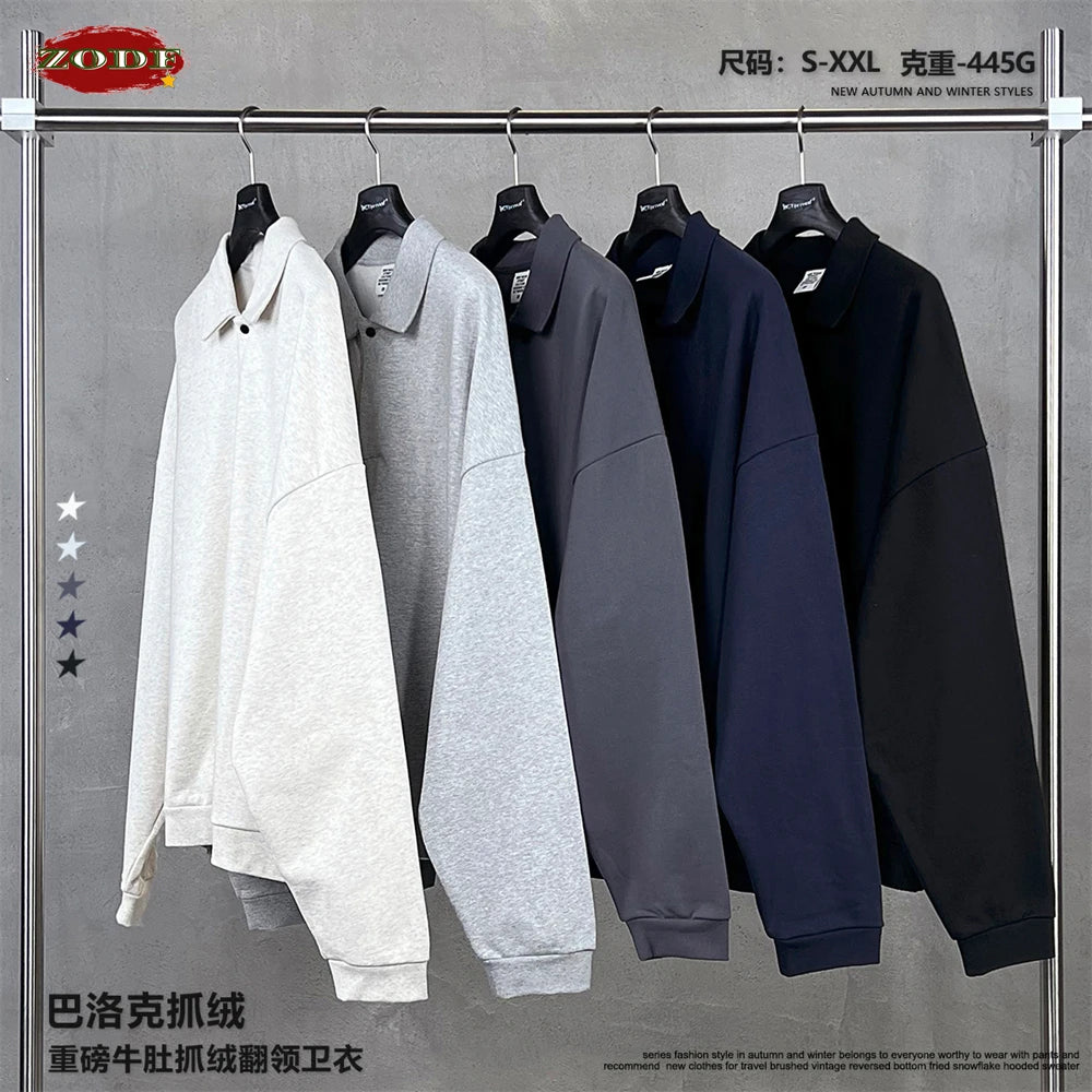 ZODF Casual 2025 Autumn 445gsm Sweatshirt For Man Unisex Turn Down Collar Solid Fleece Pullovers Winter Coats HY1111