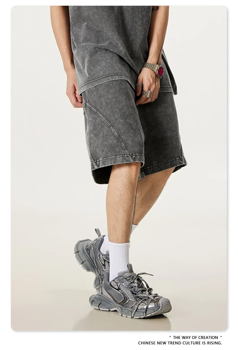 ZODF New Men Fire Snowflake Washed 330gsm Shorts Unisex High Street Summer Distressed Sport Cotton Shorts HY1028