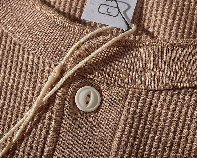 Autumn And Winter New American Heavyweight Retro Men's Waffle Long-sleeved T-shirt Loose Fashion Henley Collar Bottoming-shirt