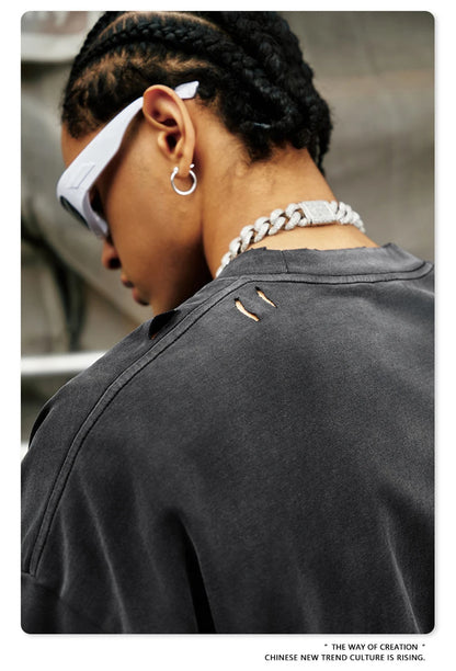 ZODF Summer High Street Printing T-Shirts For Men Unisex Retro Washed 250gsm Ripped Cotton T Shirt Brand Tops HY0858