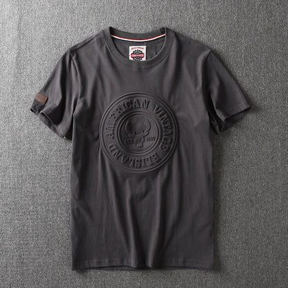 2025 Summer New American Retro Short-sleeved O-neck 3D Letter Printed T-shirt Men's Fashion 100% Cotton Washed Casual Sport Tops