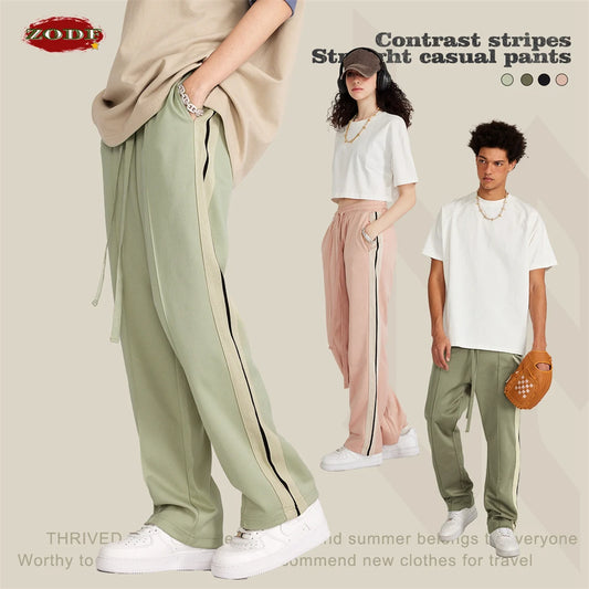 ZODF Spring Summer 275GSM Basic Side Webbing Trousers For Men Unisex American Retro Casual Sports Straight Pants HY0540