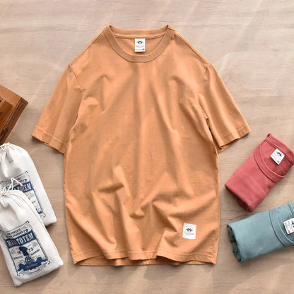 Summer New American Retro Short-sleeved O-neck Soild Color T-shirt Men's Fashion Simple 100% Cotton Washed Casual Sport Tops