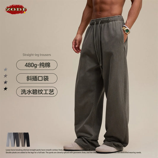 ZODF Vintage 2025 Winter 480gsm Straight Pants For Man Unisex Washed Distressed 100% Cotton Loose Trousers Brand Clothing HY1121