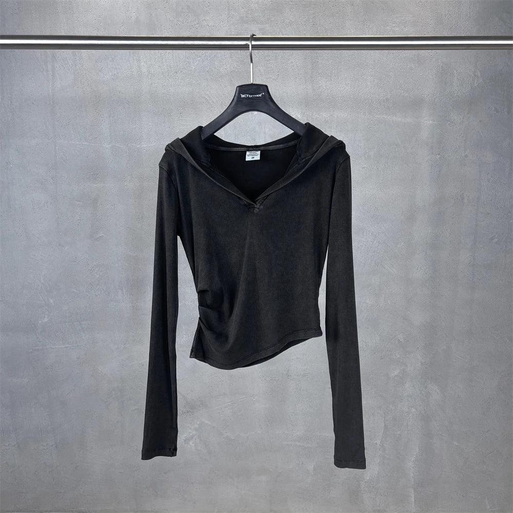 ZODF Sexy Women Autumn Washed 275gsm Hooded T Shirt Ladies Girls Slim Fit Distressed Side Pleated T-Shirts Tees HY1149