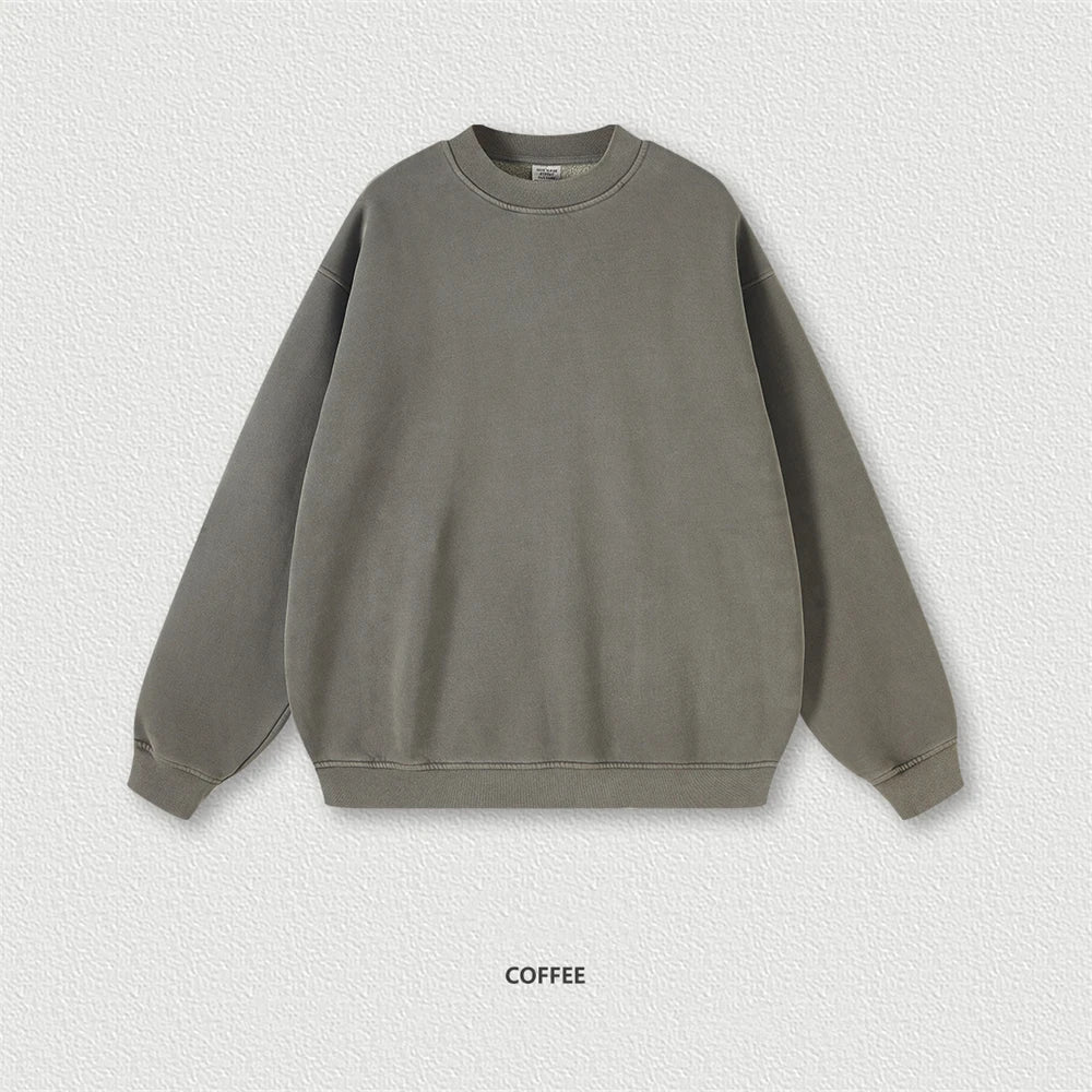 ZODF New Men Winter 355gsm Washed Fleece Sweatshirts Retro Unisex Oversized Solid O-Neck Warm Pullovers Coat Streetwears HY0639