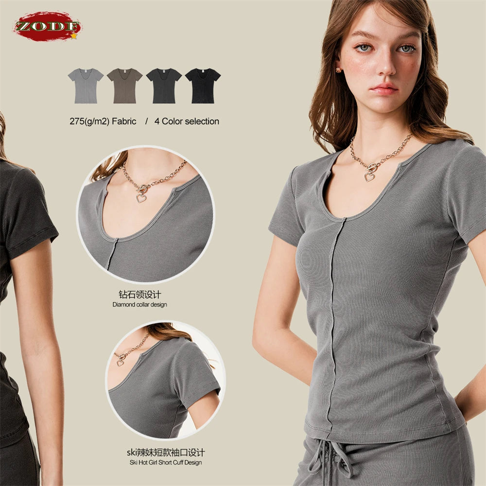ZODF Women Retro 2025 Summer 275gsm U Collar Washed T-Shirts Hotsweet Girls Sexy Slim Fit T Shirt Brand Tees HY0992