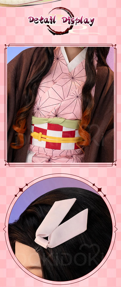 IN STOCK Kamadoo Nezukoo Cosplay Costume Anime DokiDoki-SR Women Pink Kimono Nezukoo Halloween Cosplay Wig Props
