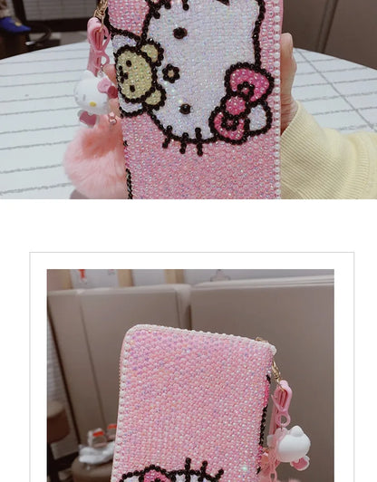 New Sanrio Cute Full Diamond Hello Kitty Wallet Sticker Full Diamond Lady Girl Heart Long Zipper Wallet Mobile Bag