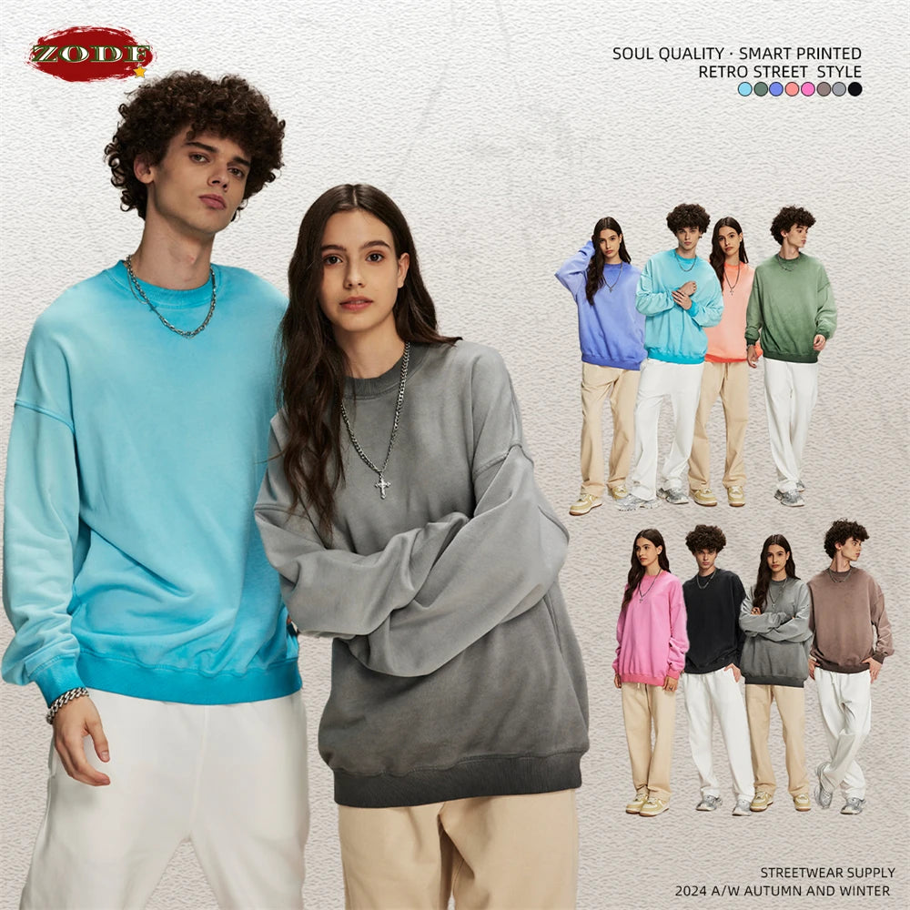 ZODF 2024 Autumn Men's Washed Sweatshirt Unisex Women Retro Solid 430gsm Terry Cotton O Neck Pullovers Coat HY0880