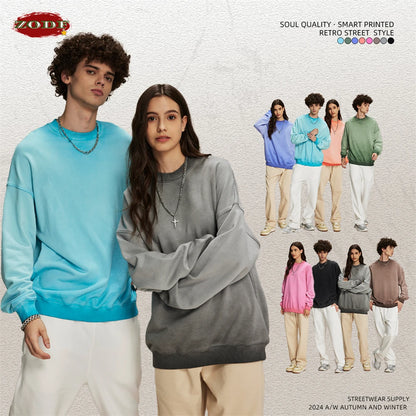 ZODF 2024 Autumn Men's Washed Sweatshirt Unisex Women Retro Solid 430gsm Terry Cotton O Neck Pullovers Coat HY0880
