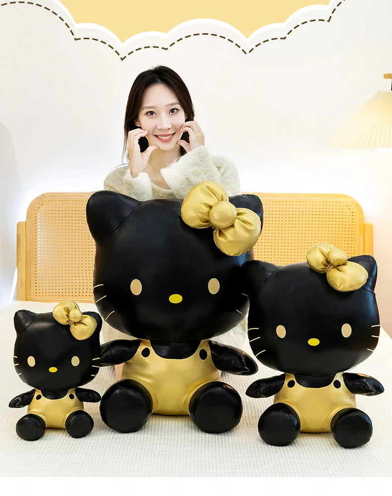 Cute Hello Kitty Plush Toy Black Gold Leather Cute Stuffed Animal Doll Kids Birthday Xmas Gift for Girls Plushie Pillow Present