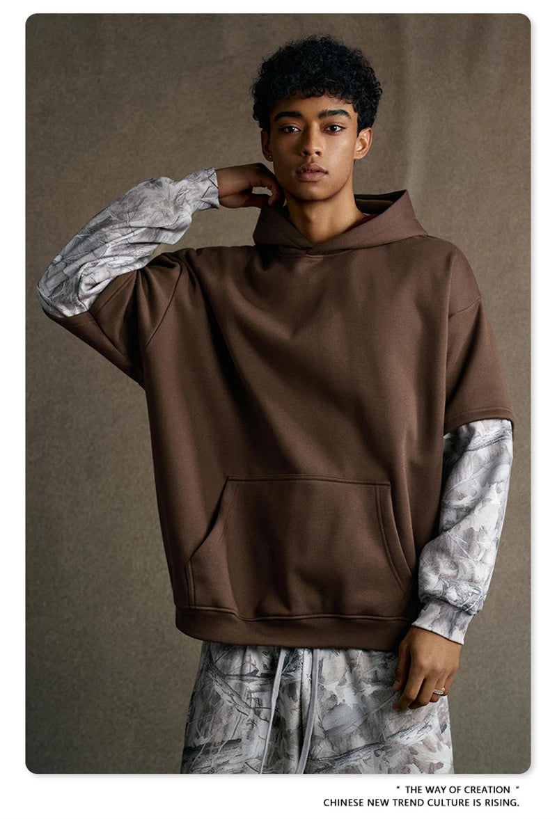 ZODF Fashion Winter Fake 2-Piece 340gsm Fleece Hoodies For Men Unisex High Street Camouflage Sleeve Hooded Pullovers HY1153