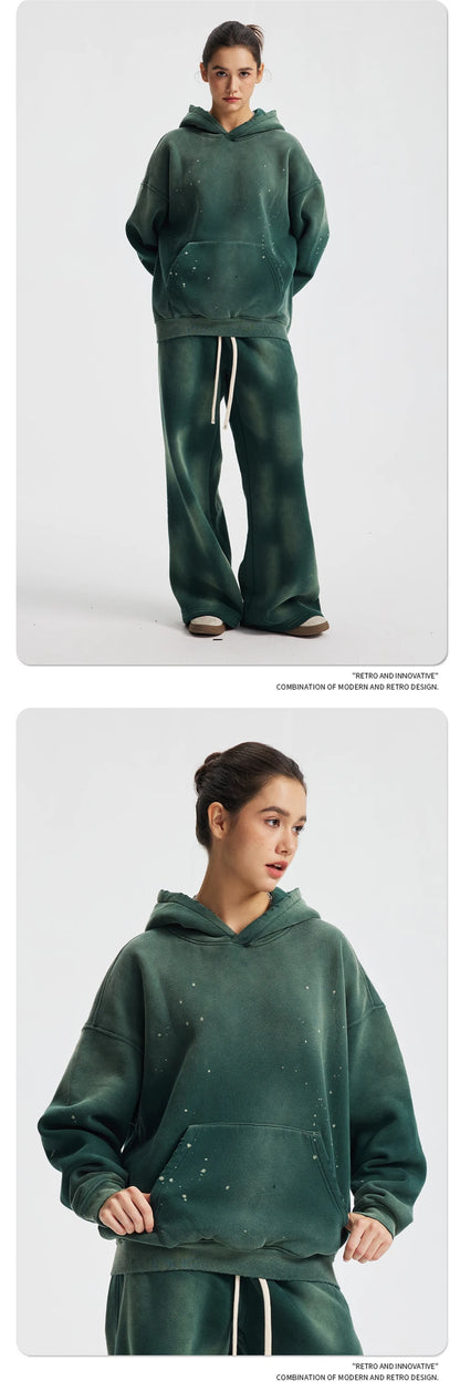 ZODF Trendy Men Washed 360gsm Fleece Hoodies Unisex Oversized Warm Paint Distressed Hooded Pullovers Winter Coat HY0947