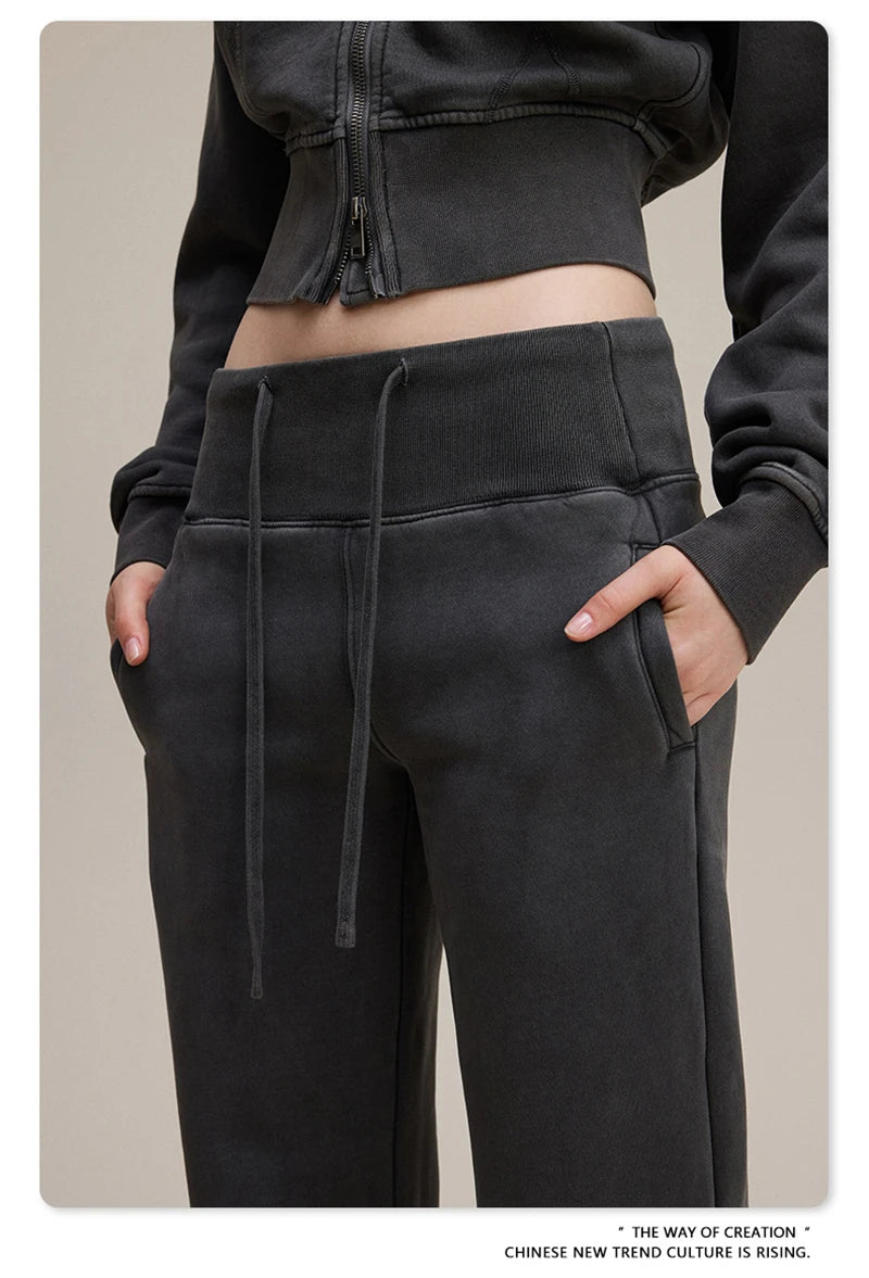 ZODF Retro Winter Women 400gsm Fleece Flared Pants Casual Girls Female Slim Fit Warm Washed Distressed Trousers HY1142