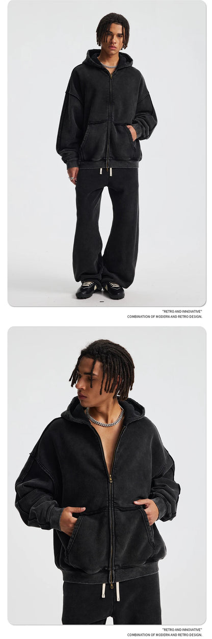 ZODF Vintage Man's Batik Washed Fleece Zipper Hoodie Unisex Winter Warm Distressed Hooded Coat Pullovers Brand Clothing HY1146