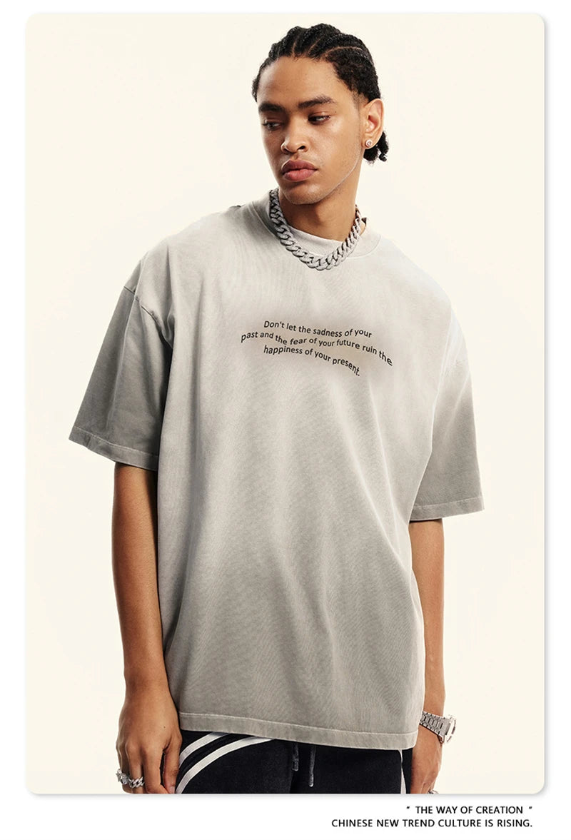 ZODF Summer High Street Printing T-Shirts For Men Unisex Retro Washed 250gsm Ripped Cotton T Shirt Brand Tops HY0858